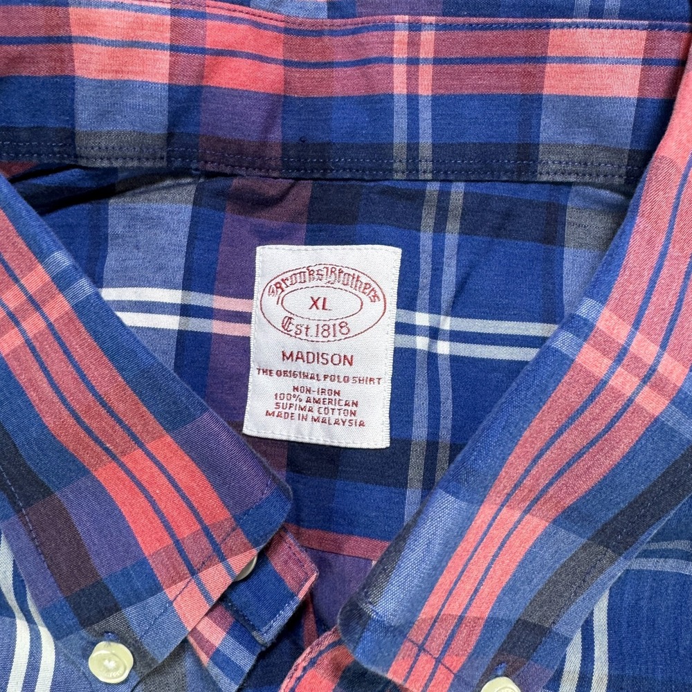 Brooks Brothers Shirt Men's XL  Madison Button Down Blue Red Plaid Logo Cotton - Picture 2 of 6